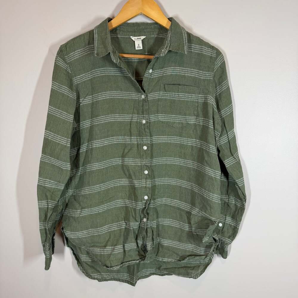 L.L.Bean Women’s Medium 100% Linen Plaid Long Sleeve Button Front Shirt Green